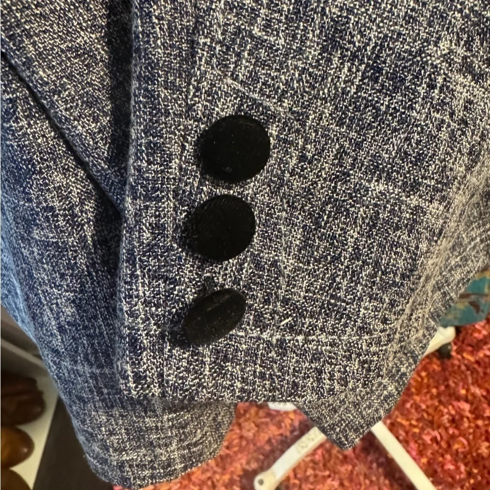 Boutique Tweed Blazer Navy Black Velvet Trim Tailored Career Jacket Size 6